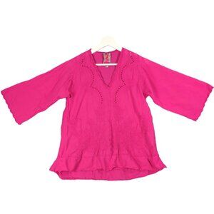 JOHNNY WAS Floral Embroidered Top Womens Size XS Fuchsia Scalloped‎ 3/4 Sleeve